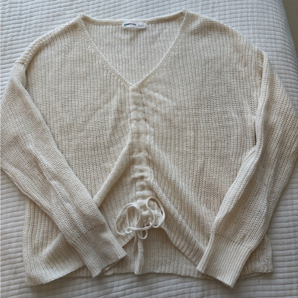 Women's Cream Sweater with Drawstring Detail